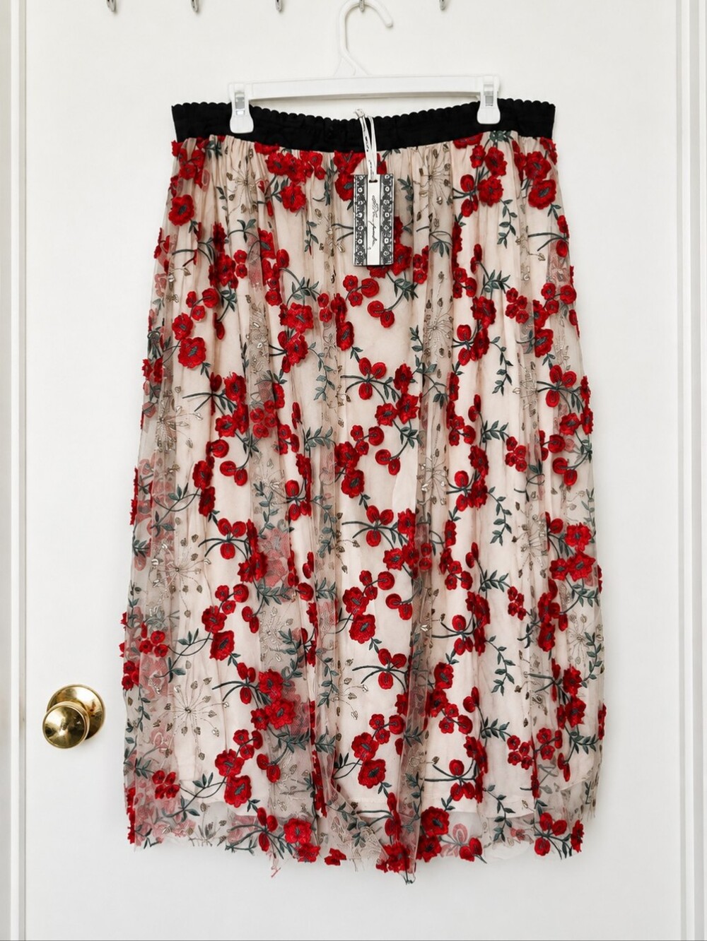 Ultra Pink Red Floral Embroidered Tulle Midi Skirt XL NWT